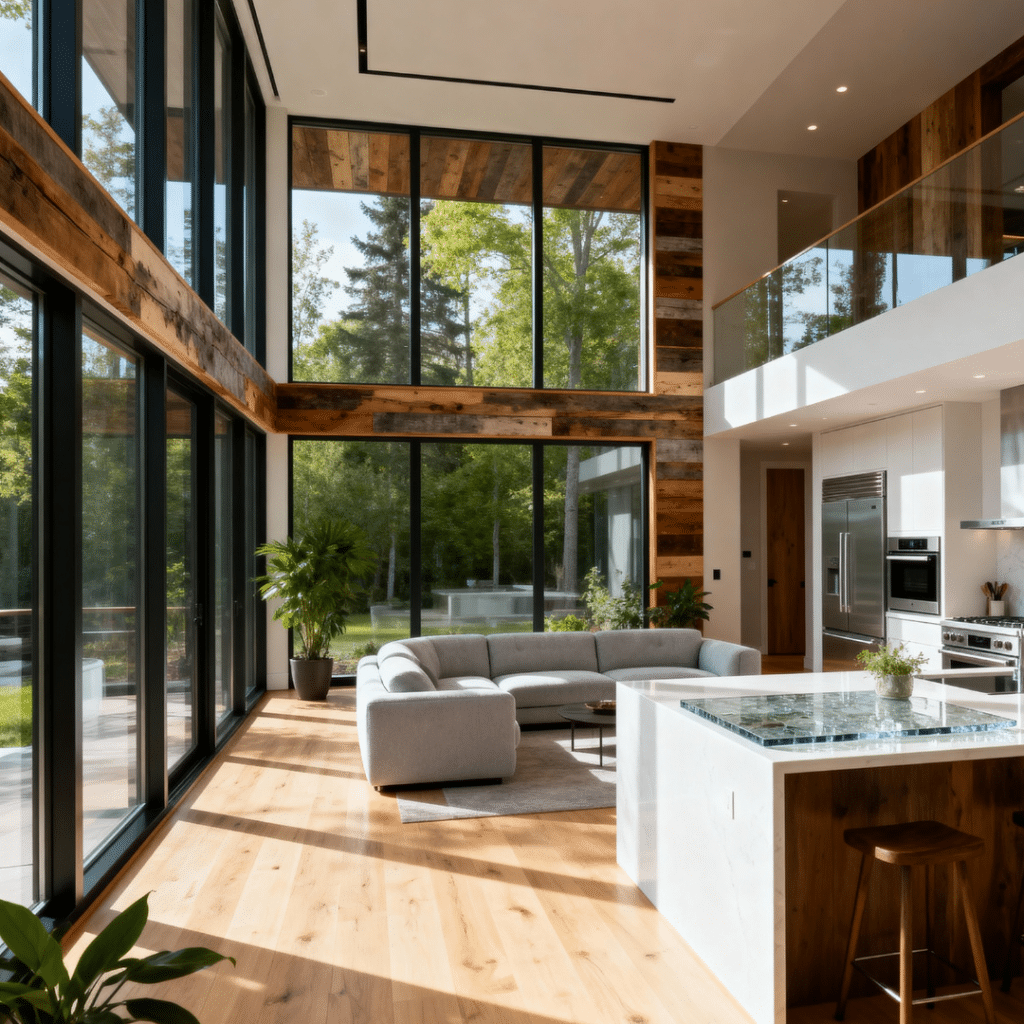Bright luxury prefab home interior in Innisfil, Ontario — sustainable Scandinavian design by My Own Cottage with sunlight, smart layout, and eco finishes.