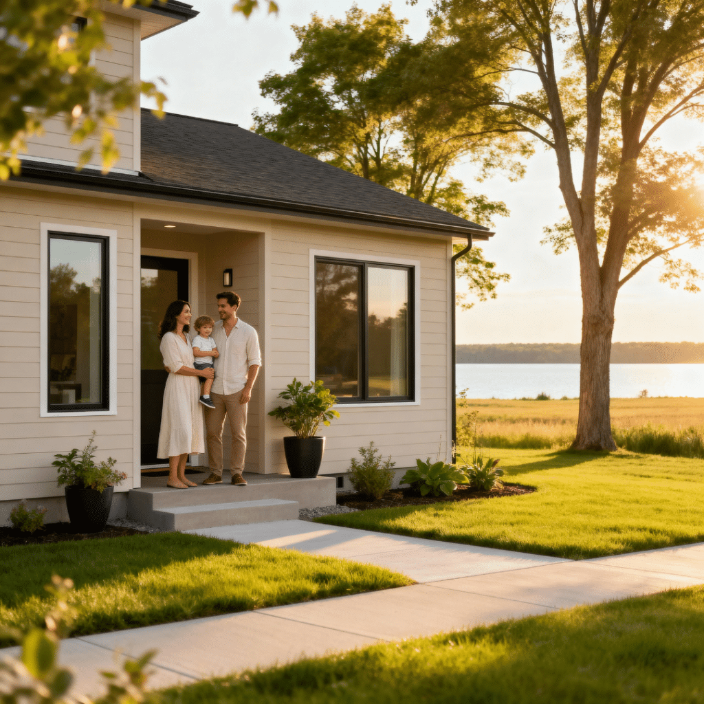 Small family standing on the porch of a modern cheap prefab home in Scugog, Ontario. The single-story modular house has light beige siding, large windows, and a landscaped yard under warm natural sunlight.