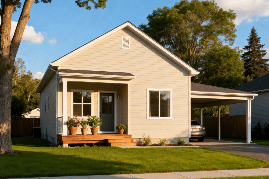 Modern cheap prefab home in Scugog, Ontario – 3-bedroom modular house with light beige siding, porch, and garage under blue sky.