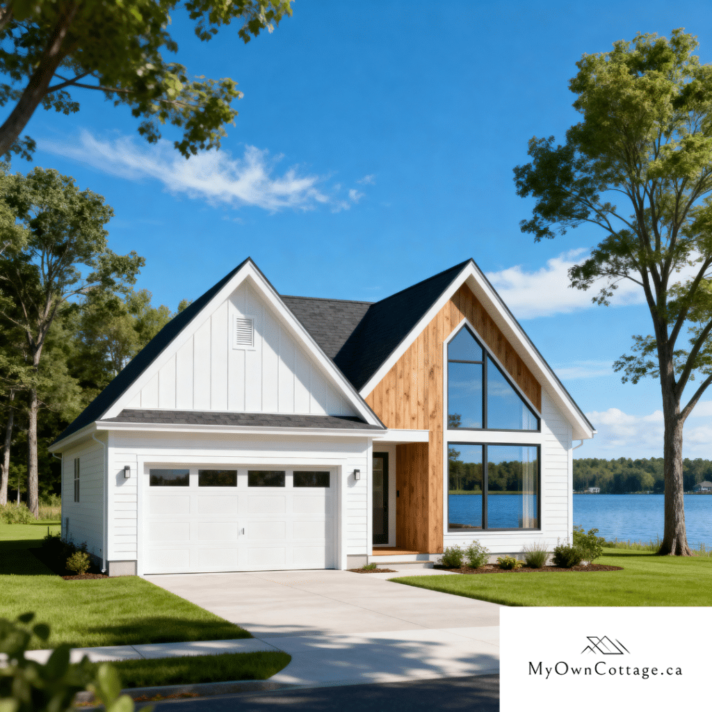 A beautiful small custom Orchard prefab home with a garage on the waterfront in Scugog, Ontario, built by My Own Cottage, showcasing modern modular craftsmanship under clear blue skies.