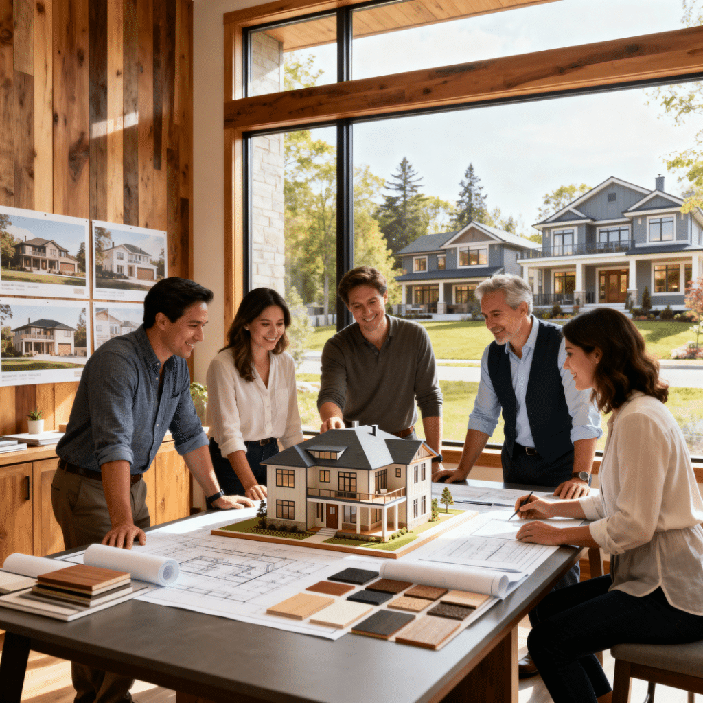 My Own Cottage design team in Innisfil, Ontario collaborating on prefab home plans — architects and consultants reviewing blueprints in a sunlit studio.