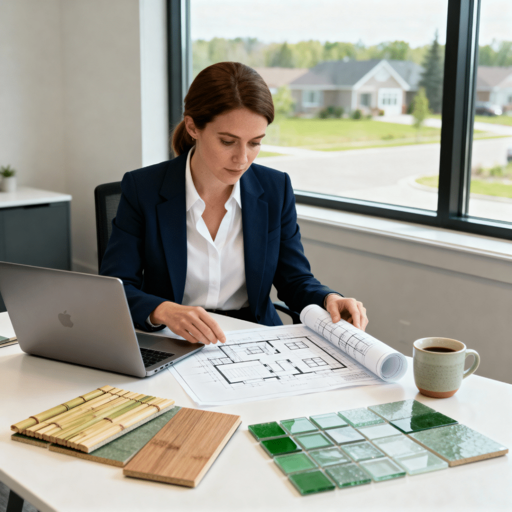 A professional female Canadian home design consultant reviews prefab home blueprints at a bright modern office table in Scugog, Ontario, surrounded by eco-friendly materials and a laptop, representing My Own Cottage’s commitment to quality prefab design.