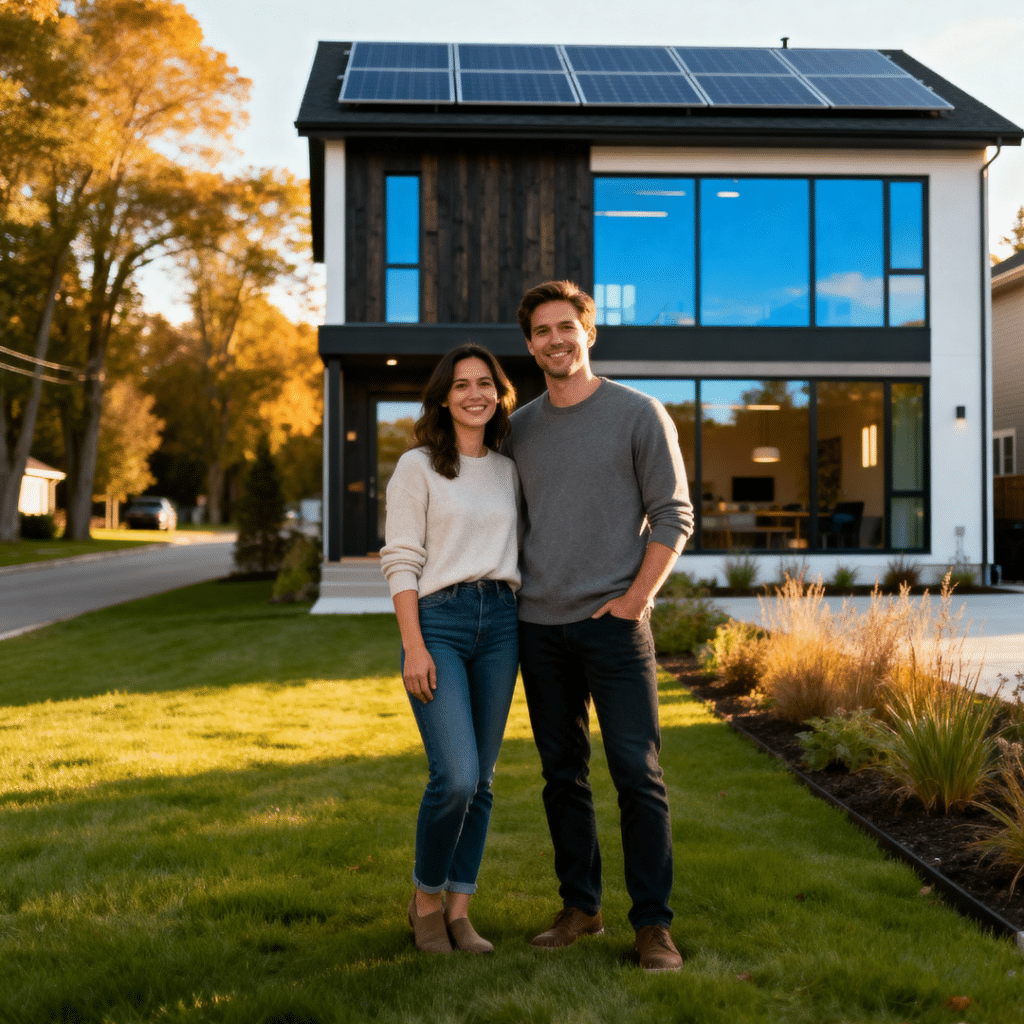 Smiling couple in front of modern prefab home with solar panels in Scugog, Ontario suburban neighborhood.