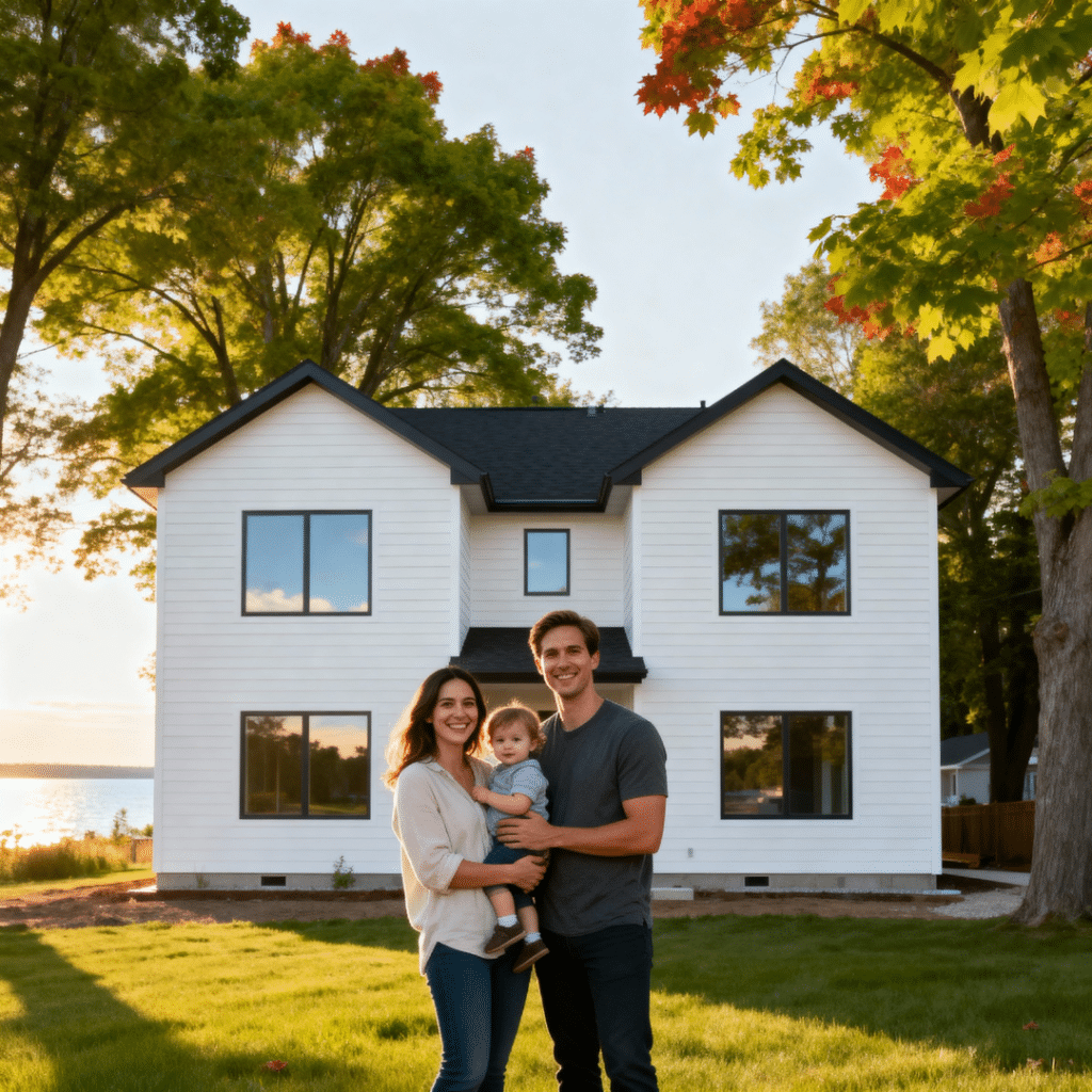 Smiling Ontario couple standing outside their modern prefab home in Midland, Ontario, built by My Own Cottage — showcasing affordable, energy-efficient design and quality craftsmanship.