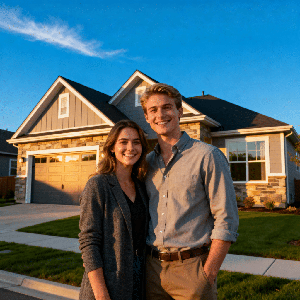 A smiling young couple stands outside their new prefab home built by My Own Cottage in Scugog, Ontario, showcasing a modern small luxury design with an attached garage under bright blue skies.
