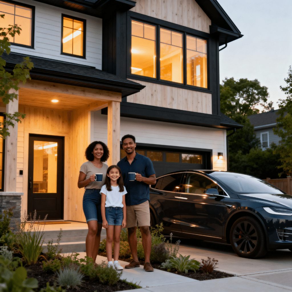 The Thompson family stands proudly in front of their new prefab home built by My Own Cottage in Scugog, Ontario. The modern home with light wood siding, dark trim, and glowing energy-efficient windows reflects quality craftsmanship, affordability, and energy savings.