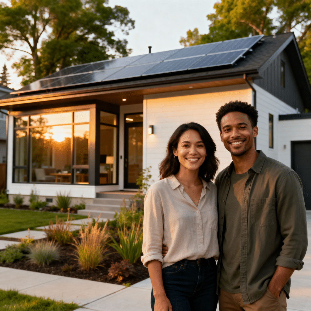 Liam and Sarah, a smiling young couple, standing in front of their modern 900 sq. ft. prefab home near Scugog, Ontario, featuring large windows, solar panels, and landscaped greenery under warm natural sunlight — representing affordable, sustainable homeownership through My Own Cottage.