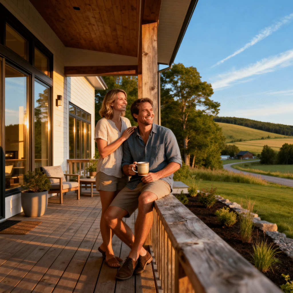 Candid photo of a couple enjoying an evening on the porch of their modern prefab home in Midland, Ontario near Georgian Bay — a luxury design by My Own Cottage blending architecture, nature, and sustainable Canadian living.