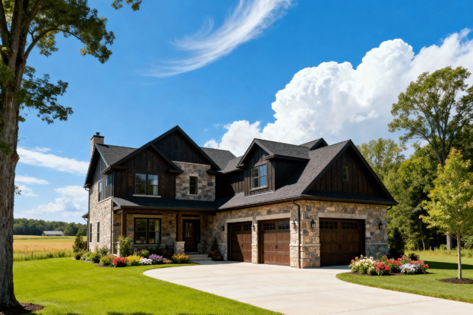Beautiful modern prefab home exterior with garage in Midland Ontario, showcasing luxury design, local craftsmanship, and attainable prefab living.
