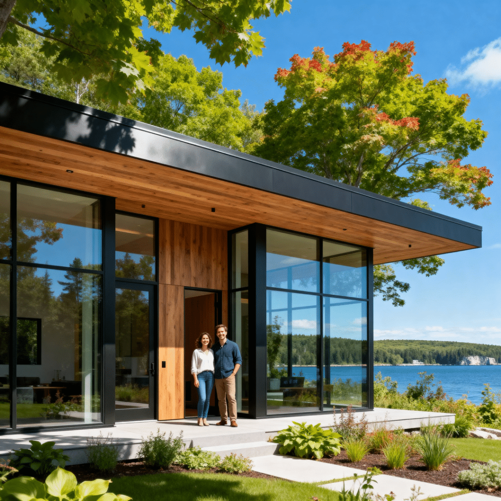 Luxury modern prefab home in Midland Ontario with glass, wood, and steel finishes, landscaped yard, and couple standing outside