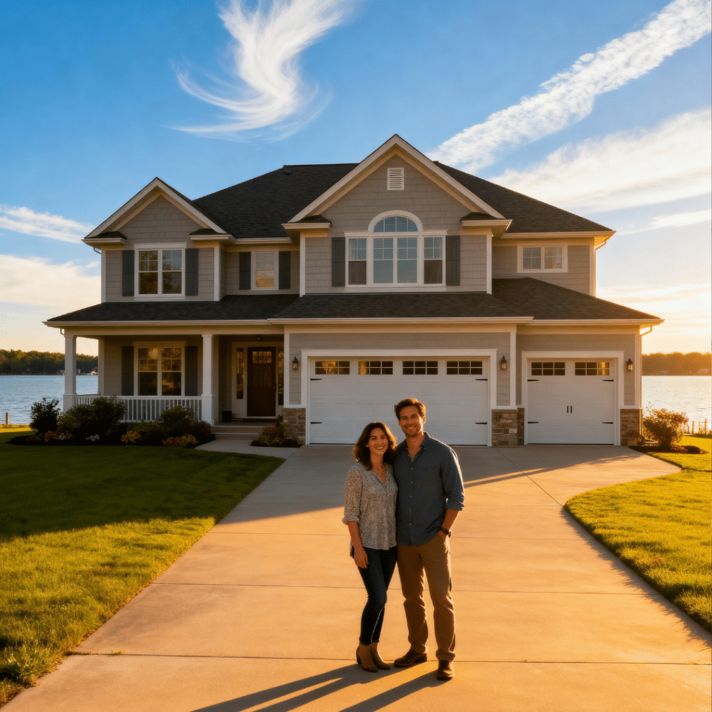 Luxury modern prefab home with garage on Midland Ontario waterfront, happy couple standing outside under blue skies