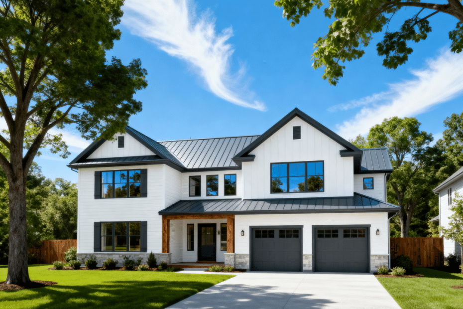 Luxury prefab home with garage in Aurora, Ontario — modern design in a peaceful suburban spring setting.