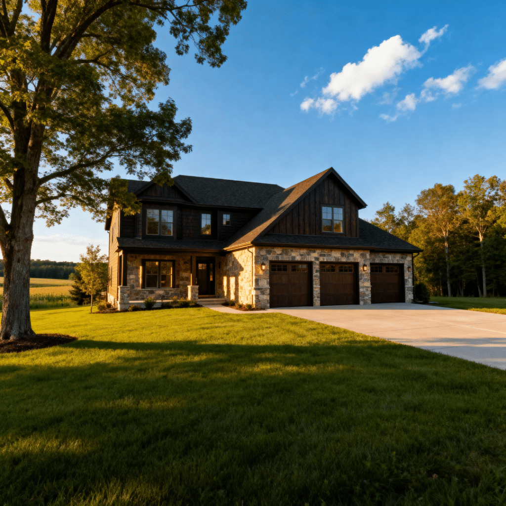 Luxury prefab home with garage in Aurora, Ontario, by My Own Cottage under clear blue skies — modern, elegant exterior design.