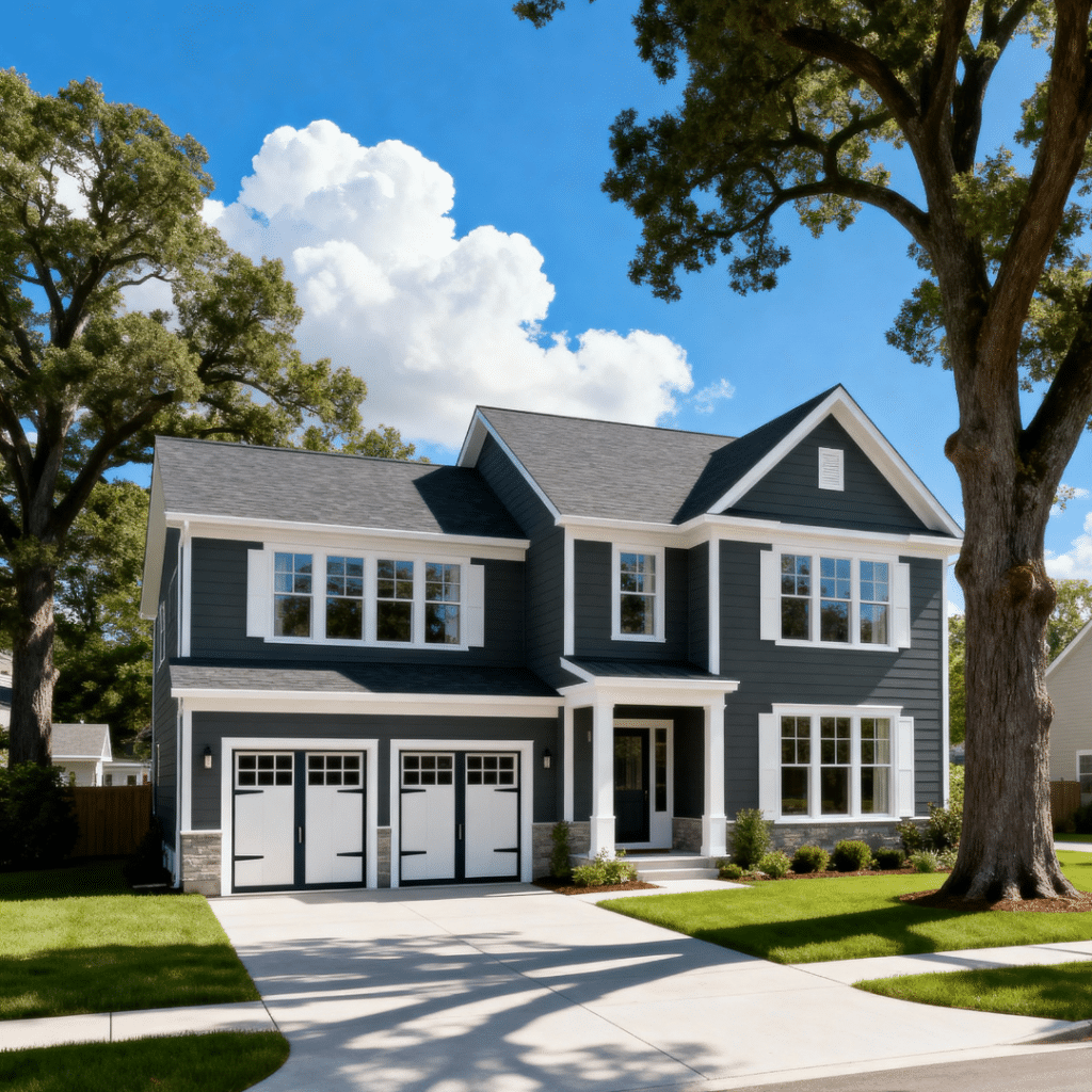 A modern luxury prefab home with a garage for sale in Scugog, Ontario, built by My Own Cottage. The home features clean lines, light siding, and dark accents under clear blue skies, representing available prefab listings in the area.