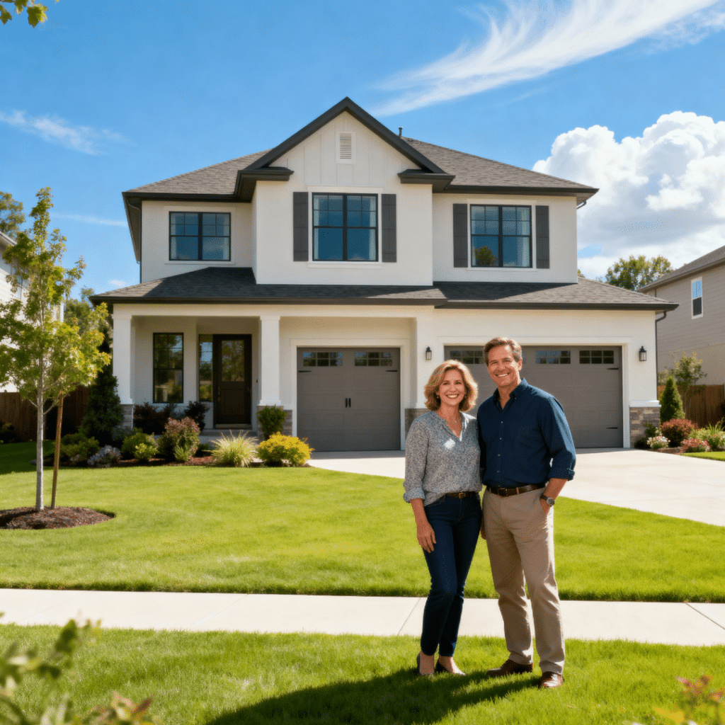 A beautiful luxury prefab home with a garage by My Own Cottage in Innisfil, Ontario, featuring smiling homeowners under blue skies — showcasing affordability, energy efficiency, and transparent pricing for 2025 buyers.