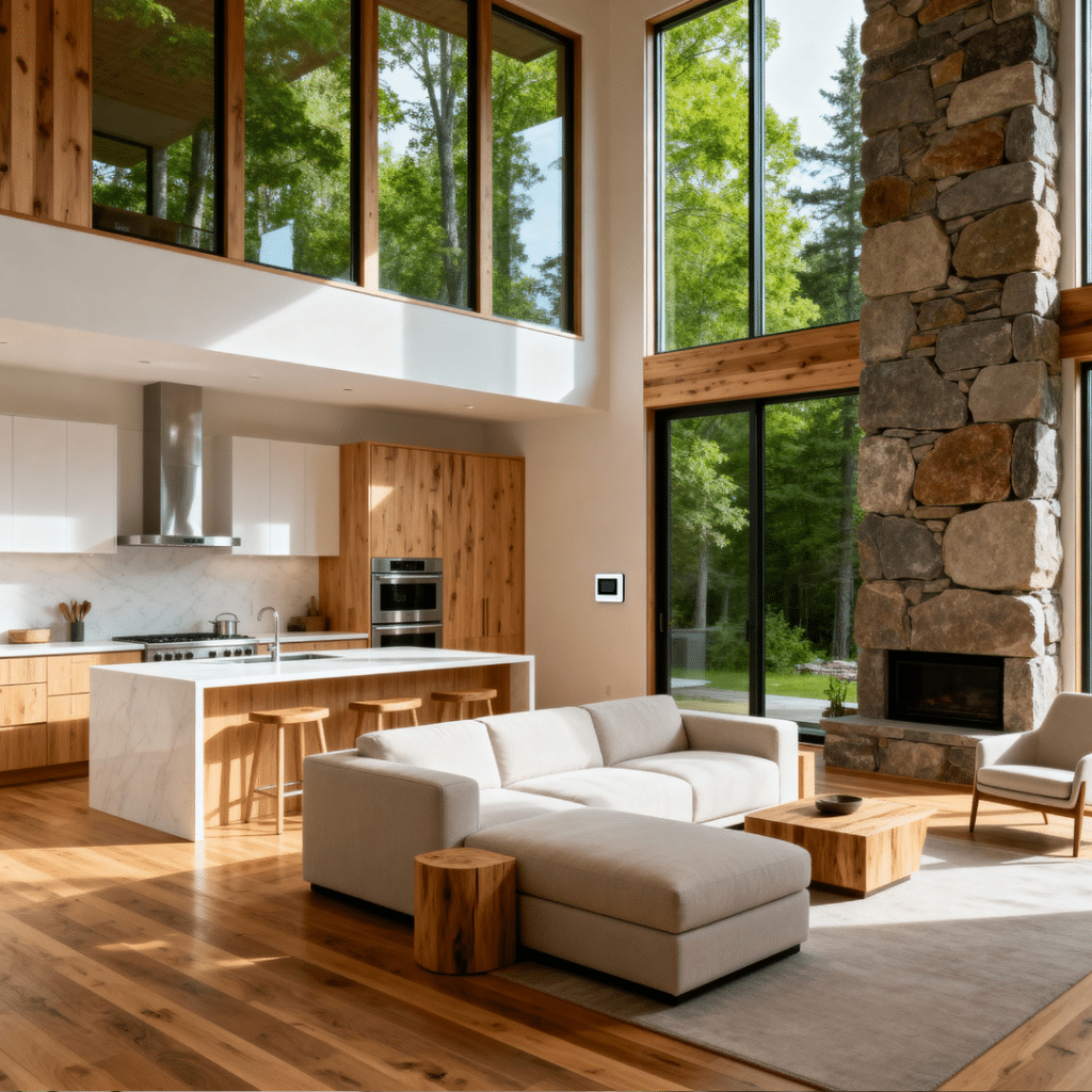 Open-concept luxury prefab home interior in Midland Ontario with high ceilings, quartz kitchen, and smart-home design