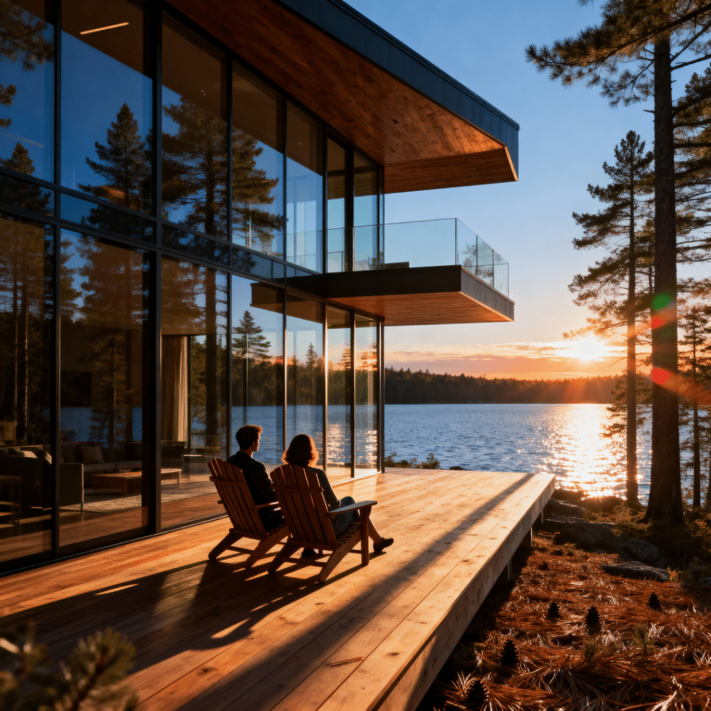 Luxury prefab home in Gravenhurst, Ontario overlooking Lake Muskoka at sunset, designed by My Own Cottage.