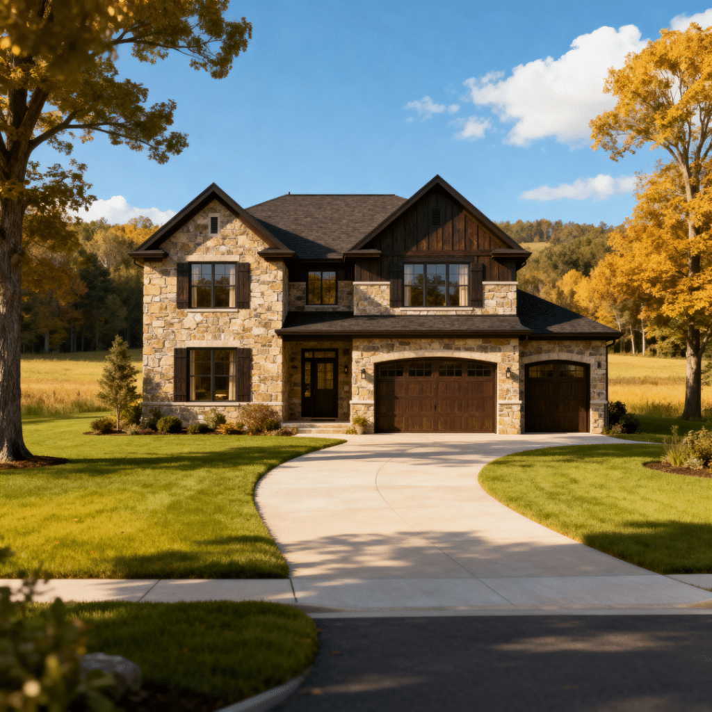 Luxury prefab home with garage by My Own Cottage in rural Newmarket, Ontario — modern design under clear blue autumn skies.