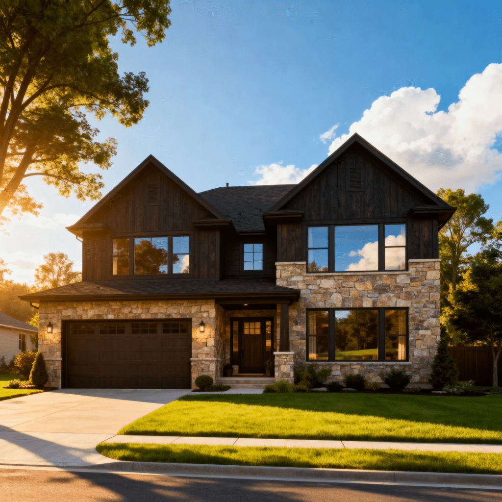Luxury prefab home with large garage built by My Own Cottage in Newmarket, Ontario — featuring high-end sustainable materials and elegant design under clear blue skies.