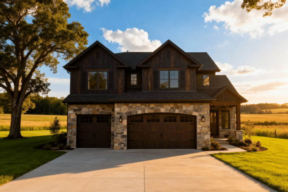 Beautiful luxury prefab home with garage built by My Own Cottage in Newmarket, Ontario — modern suburban design surrounded by trees under a clear summer sky.