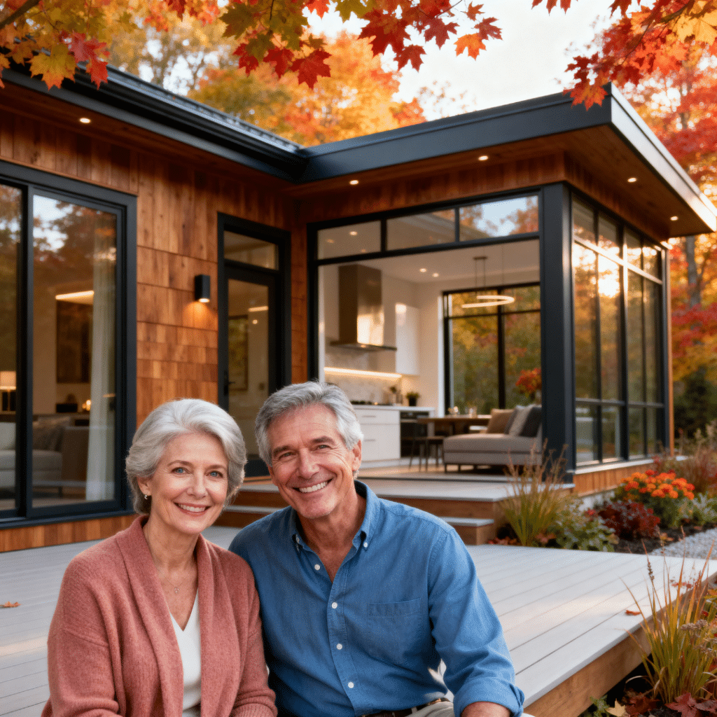 Retired couple downsizing to a luxurious small prefab home in Scugog Ontario, surrounded by maple trees.