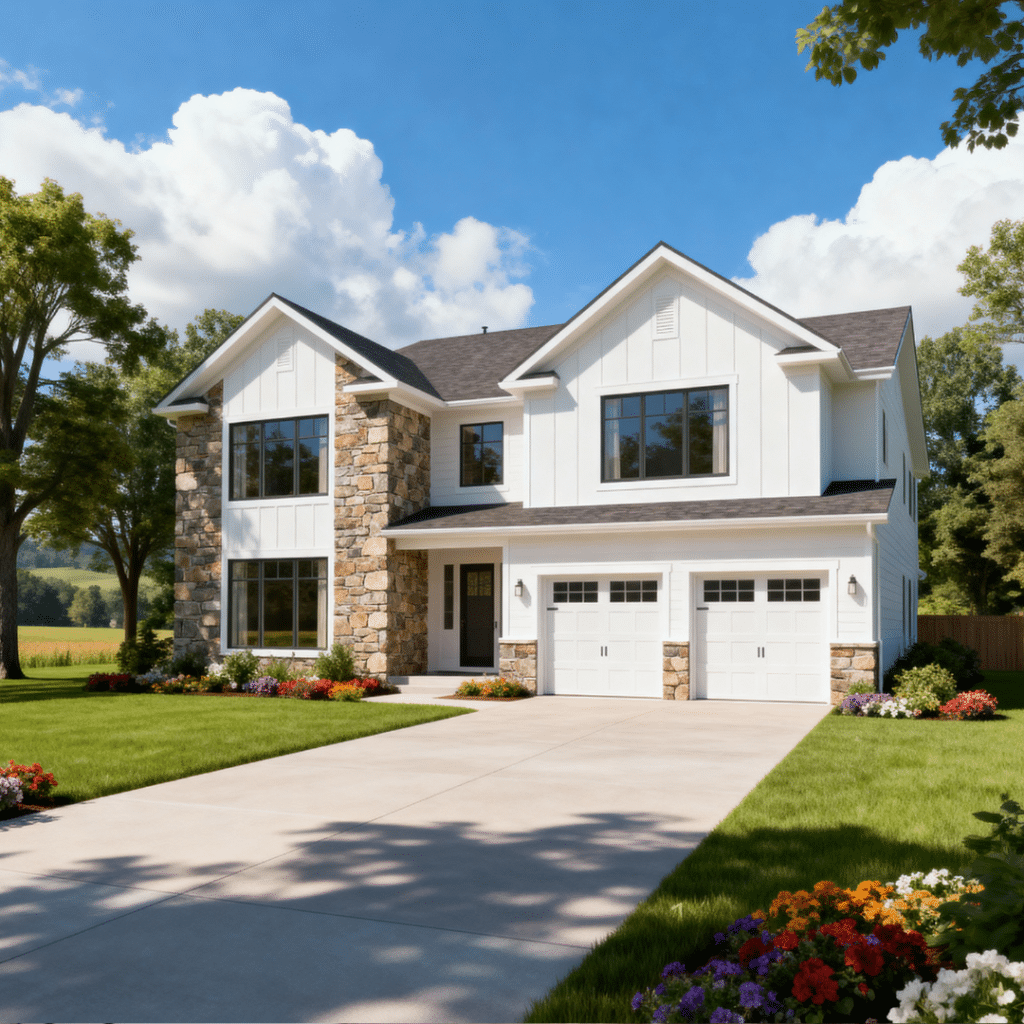 Luxury suburban prefab home with garage in rural Midland Ontario under clear summer sky and white clouds