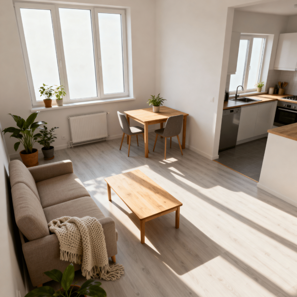 Interior of a modern cheap prefab home in Scugog, Ontario — open-concept layout with kitchen, dining, and living area, featuring light laminate floors, neutral walls, and natural sunlight.