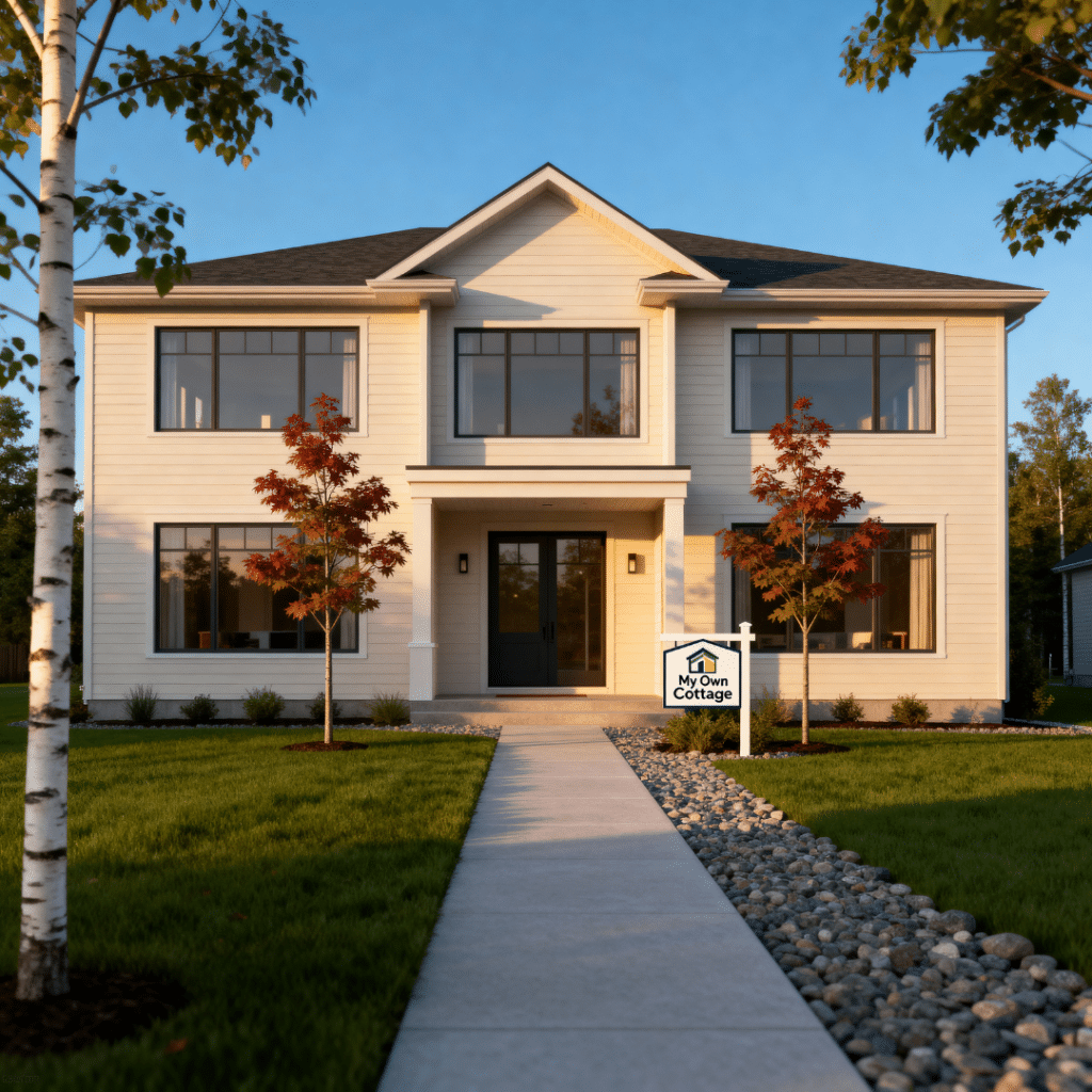 Modern affordable prefab home built by My Own Cottage in Midland, Ontario — featuring clean architectural lines, large energy-efficient windows, and light neutral siding surrounded by a landscaped yard and warm afternoon light.
