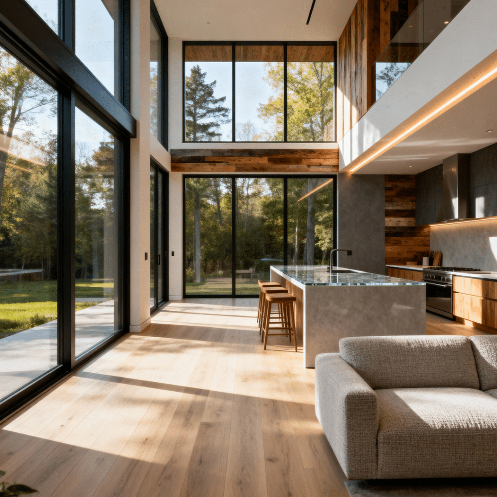 Bright modern prefab home interior in Aurora, Ontario — open-concept luxury design with sustainable materials and natural light.