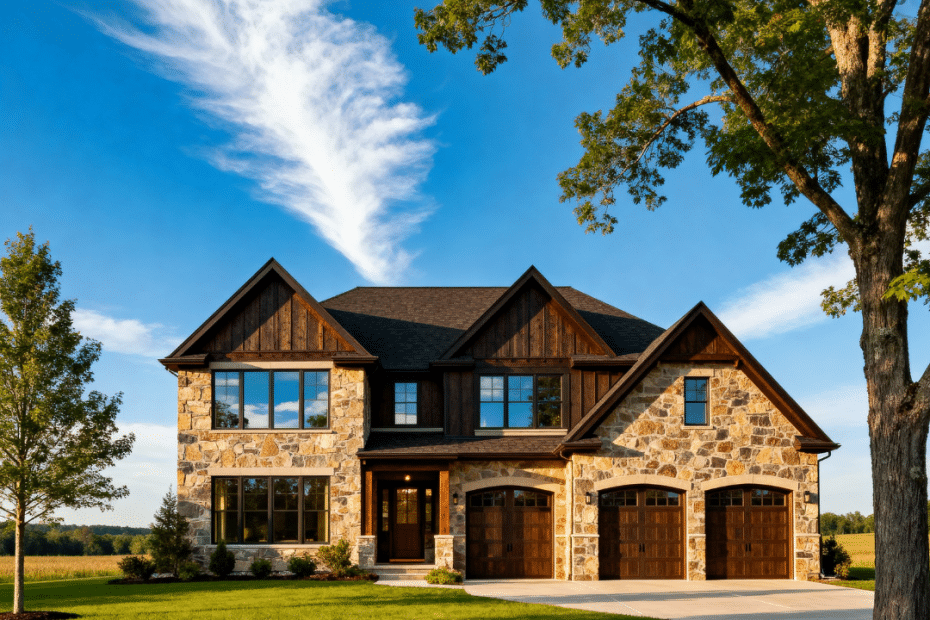 Modern luxury prefab home exterior with garage in Midland, Ontario, showcasing clean architectural lines, energy-efficient design, and elegant summertime landscaping.