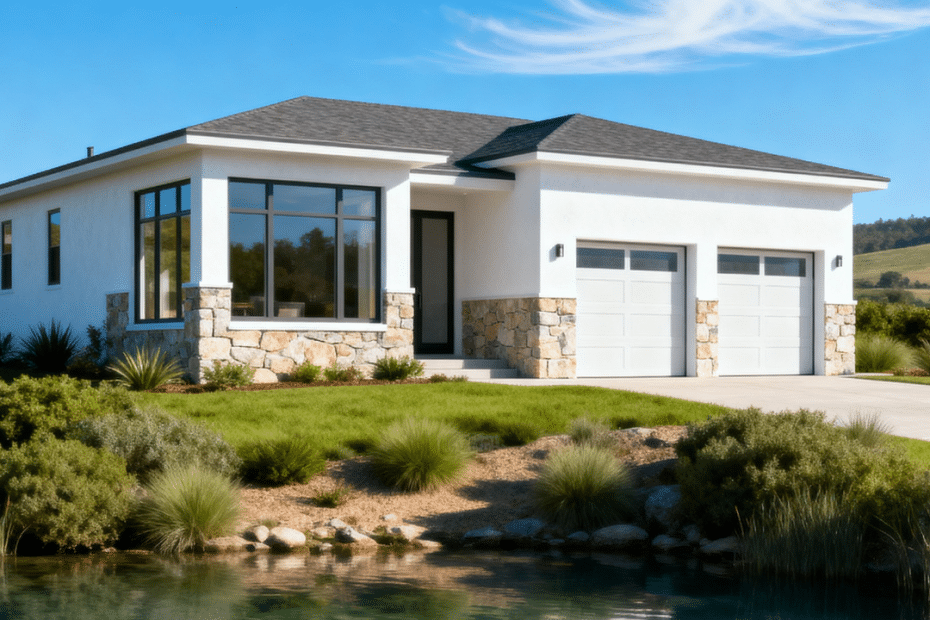Modern small luxury prefab home in Midland, Ontario, with a white exterior, two-car garage, and peaceful waterfront views under bright blue skies.