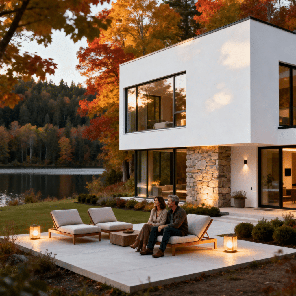 Modern luxury prefab home in Scugog, Ontario with floor-to-ceiling windows on a rural lot near Lake Scugog. A stylish couple relaxes on the patio at golden hour.