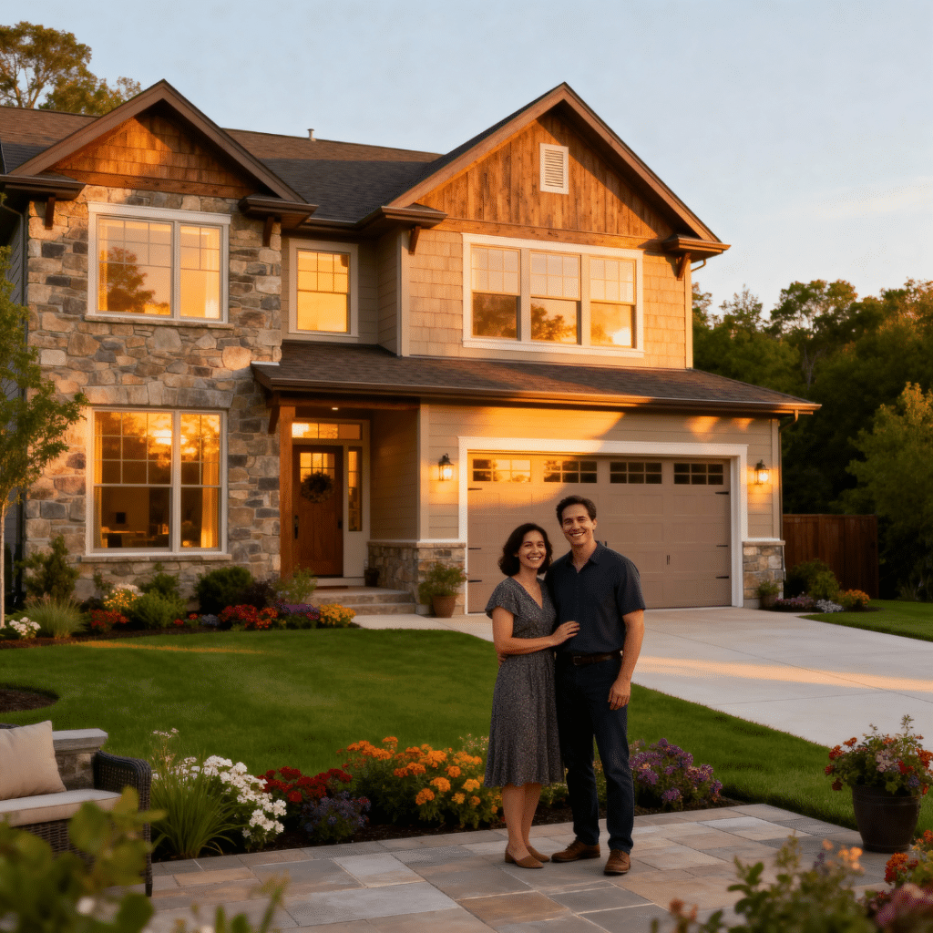 Modern prefab home by My Own Cottage in Aurora, Ontario at golden hour with smiling couple on landscaped patio.