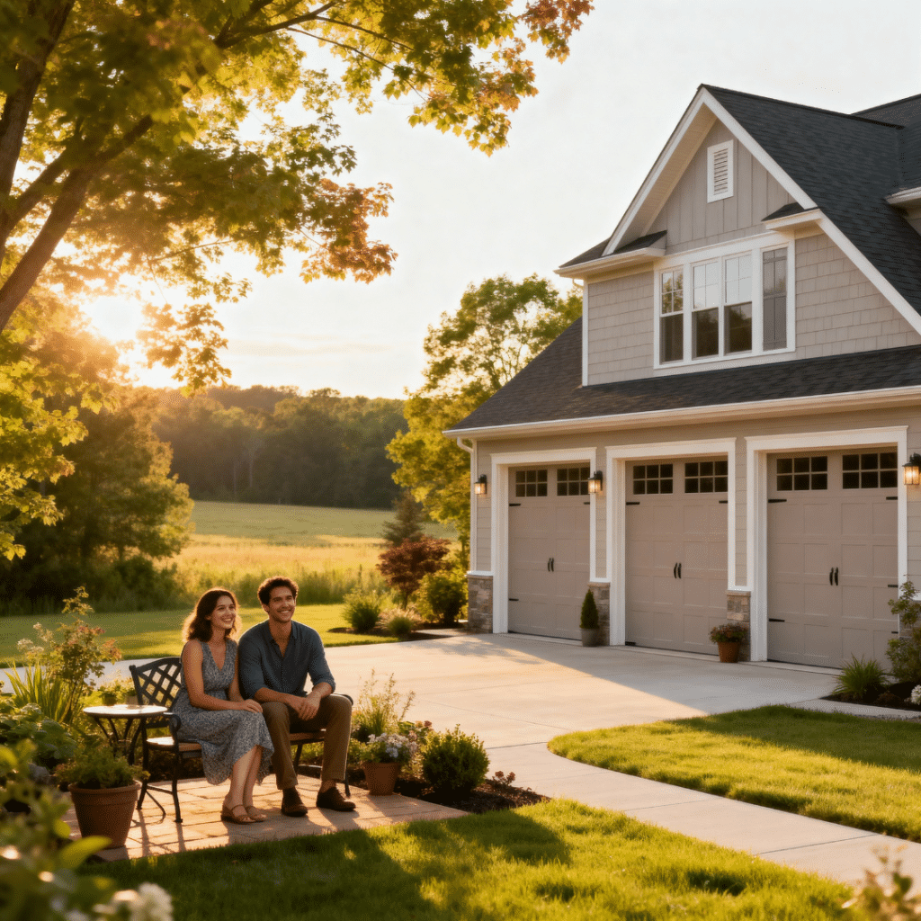 Aurora homeowners outside their modern prefab home by My Own Cottage at golden hour, smiling on landscaped patio in Ontario summer light.