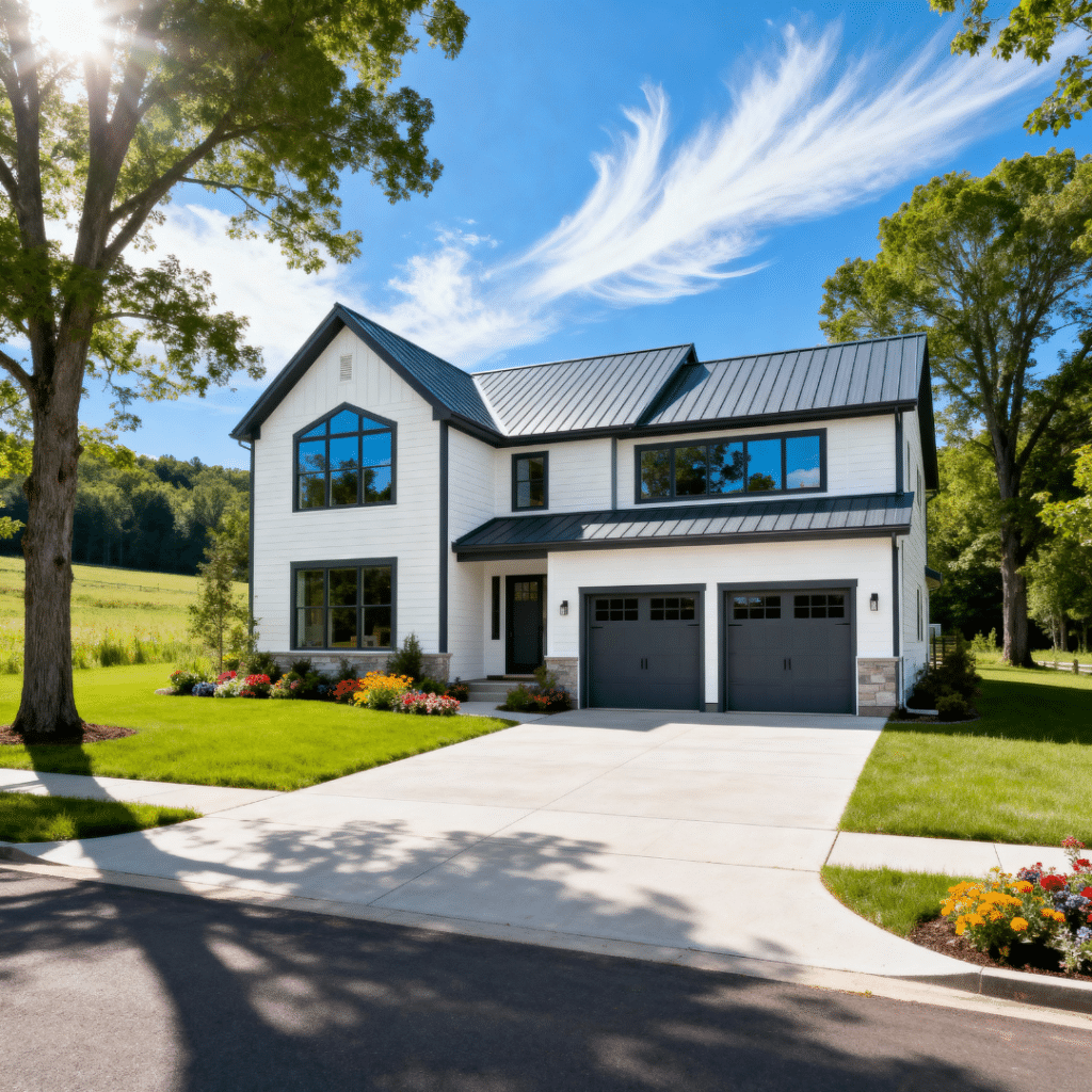 Luxury modern prefab home with garage in Aurora, Ontario under clear summer skies — sleek design and bright open façade.