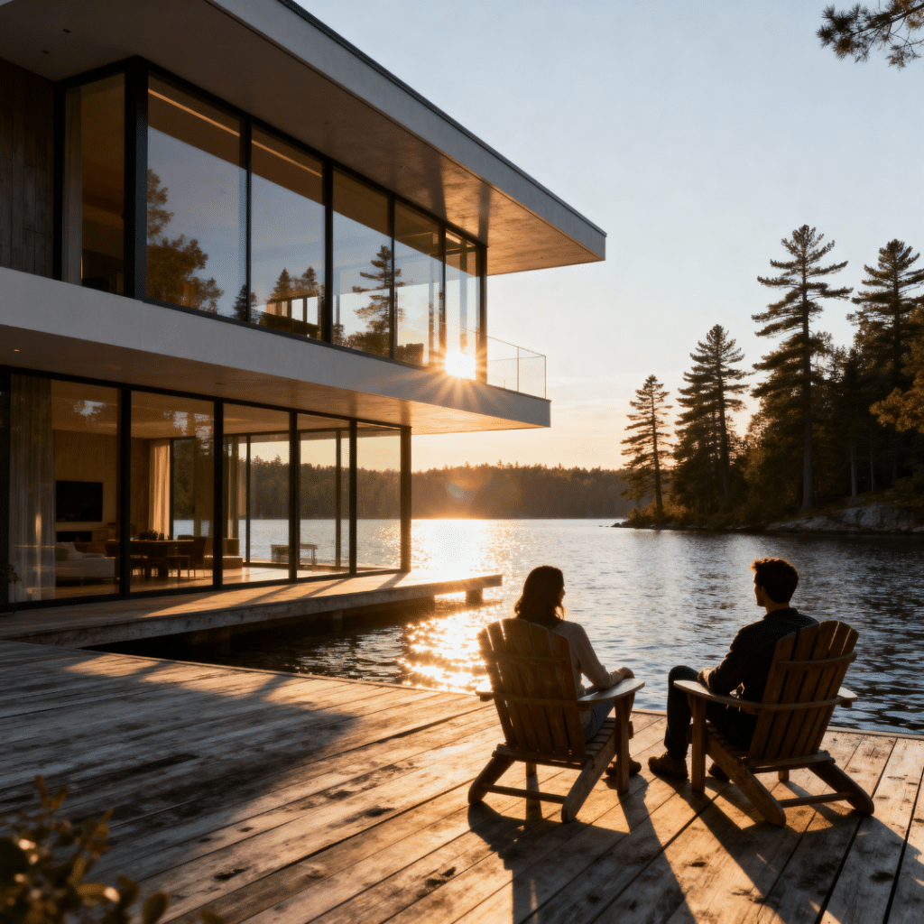 Modern prefab home in Gravenhurst, Ontario by My Own Cottage with lakefront design, glass walls, and Muskoka sunset view.