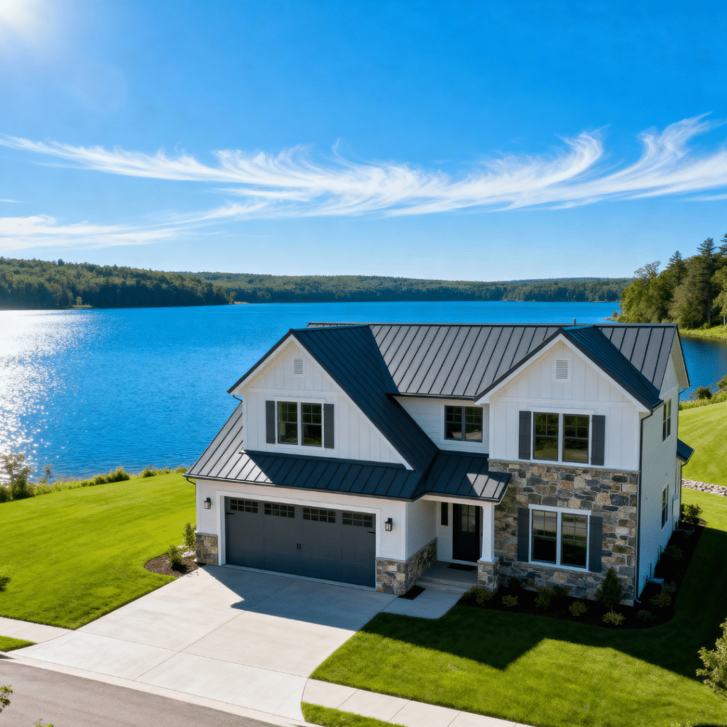 Luxury modern prefab home with garage by My Own Cottage in waterfront Gravenhurst, Ontario under clear blue skies.