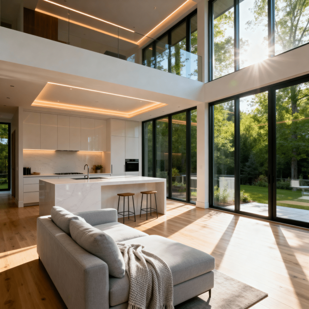 Bright modern prefab home interior in Aurora, Ontario by My Own Cottage with sustainable materials, open layout, and natural light.