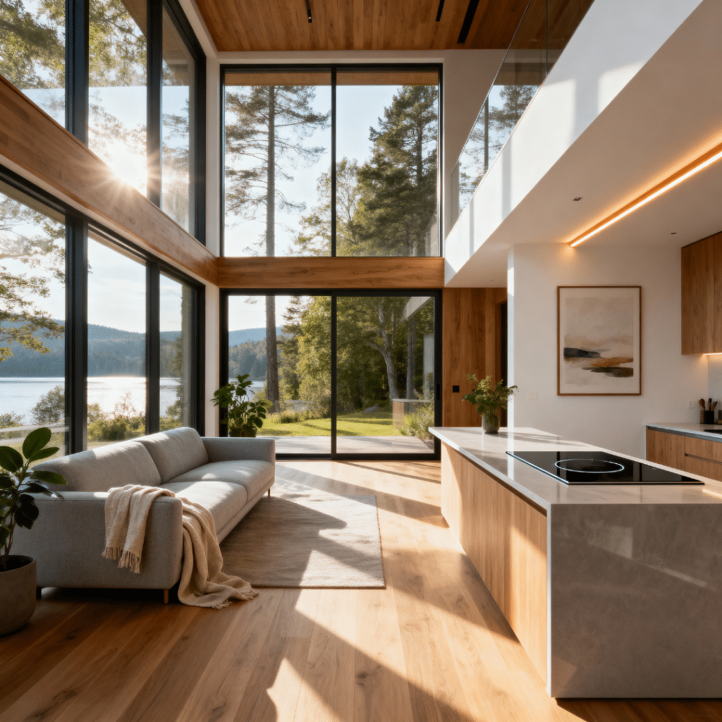 Bright modern prefab home interior in Gravenhurst, Ontario by My Own Cottage with Scandinavian design and sustainable materials.