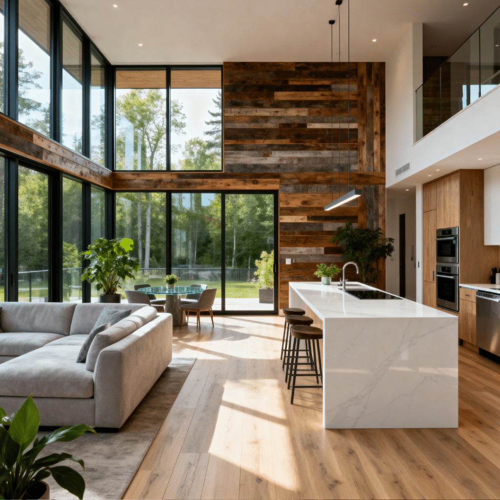 A bright modern prefab home interior in Innisfil, Ontario, with floor-to-ceiling windows, wood flooring, and eco-friendly Scandinavian design by My Own Cottage — showcasing sustainable living and energy efficiency.