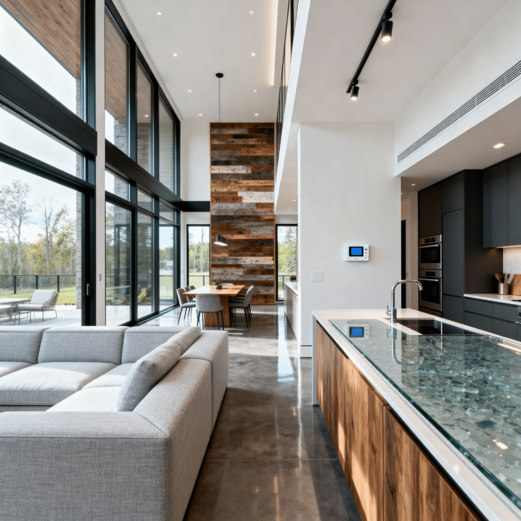 Modern prefab home interior in Midland, Ontario with open-concept living room, dining, and kitchen, showcasing bright natural light and sustainable design.
