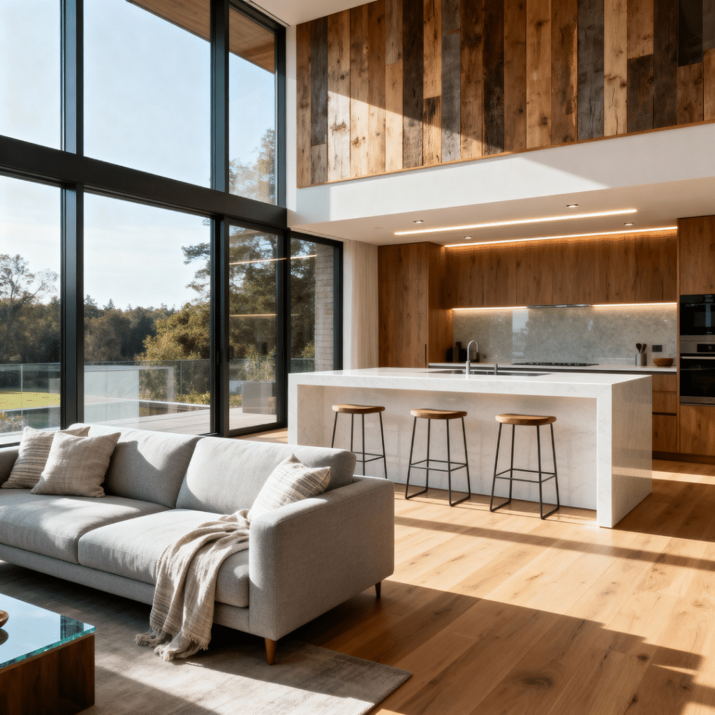 Bright modern prefab home interior in Newmarket, Ontario by My Own Cottage — open-concept, sustainable luxury with warm, minimalist Scandinavian design.