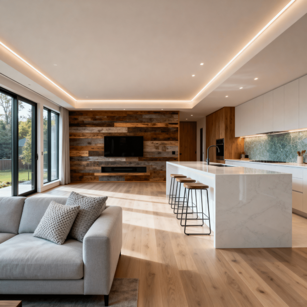 Modern prefab home interior in Newmarket, Ontario — bright Scandinavian design by My Own Cottage featuring sustainable materials and natural light.