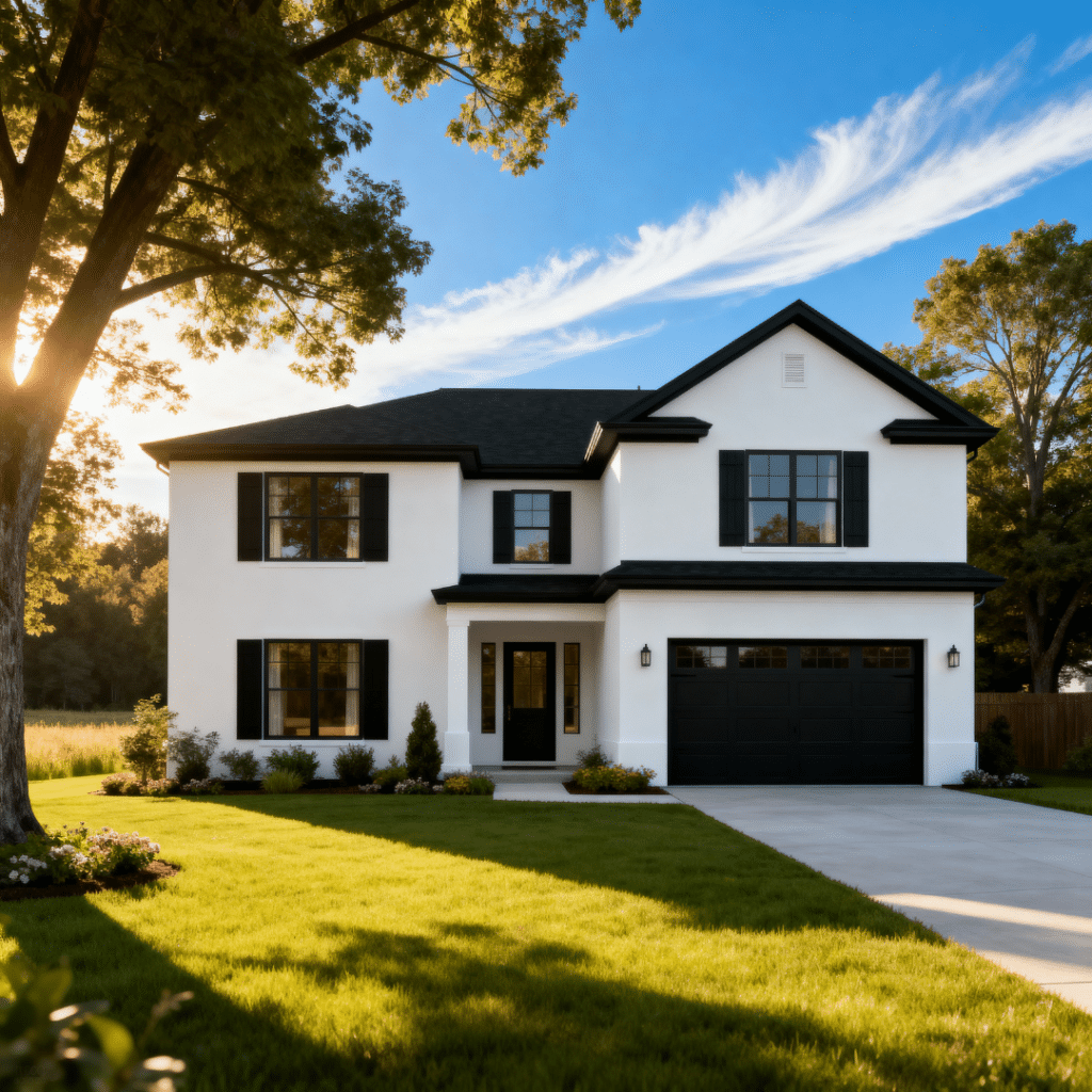 Modern white and black luxury prefab home in Midland, Ontario — featuring a stylish garage, contemporary design, and surrounded by peaceful rural summer scenery near Georgian Bay.