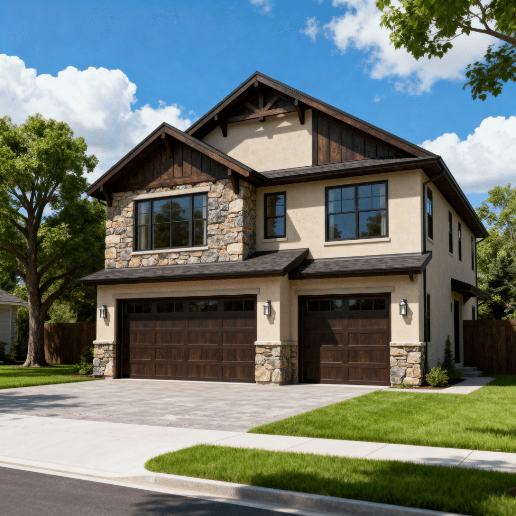 Modern prefab suburban home with garage in Scugog, Ontario, featuring sleek exterior, open-concept windows, and energy-efficient design under blue skies.