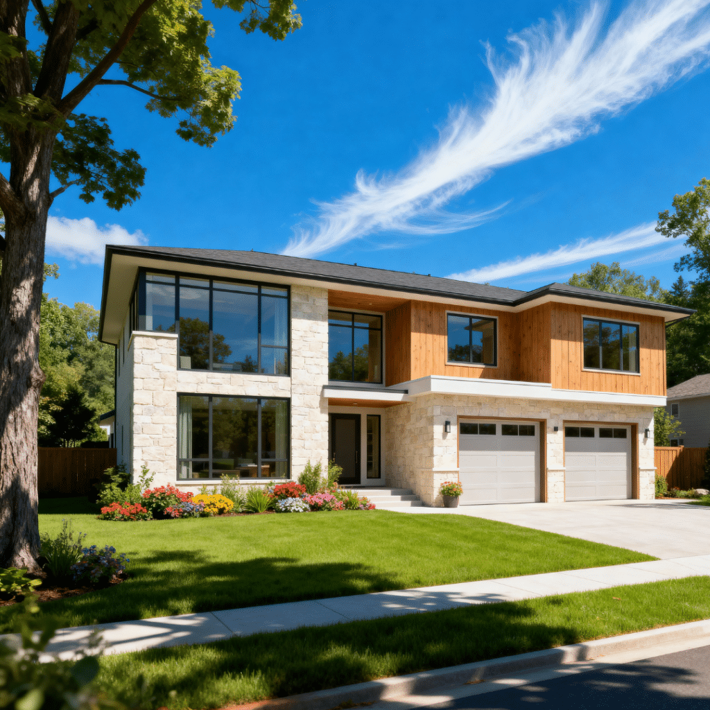 Sleek modern prefab home with rustic accents and two-door garage built by My Own Cottage in Newmarket, Ontario — stylish suburban architecture under clear blue skies.