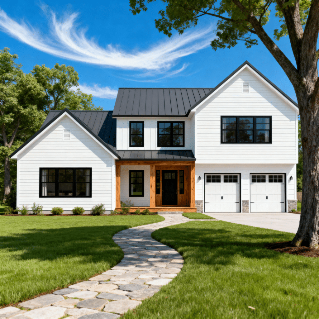 Modern prefab home with two-door garage built by My Own Cottage in Newmarket, Ontario — stylish suburban design under clear blue summer skies with bright mid-day sunlight.