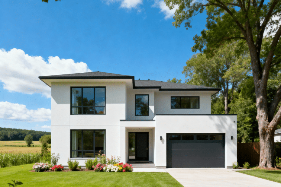 A sleek modern prefab home with garage under clear blue skies in Newmarket, Ontario — sustainable suburban living by My Own Cottage.