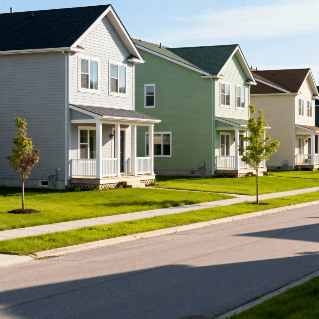 Row of modern prefab homes for sale in Scugog, Ontario — compact modular cottages with neutral siding, porches, and green lawns under bright natural light.