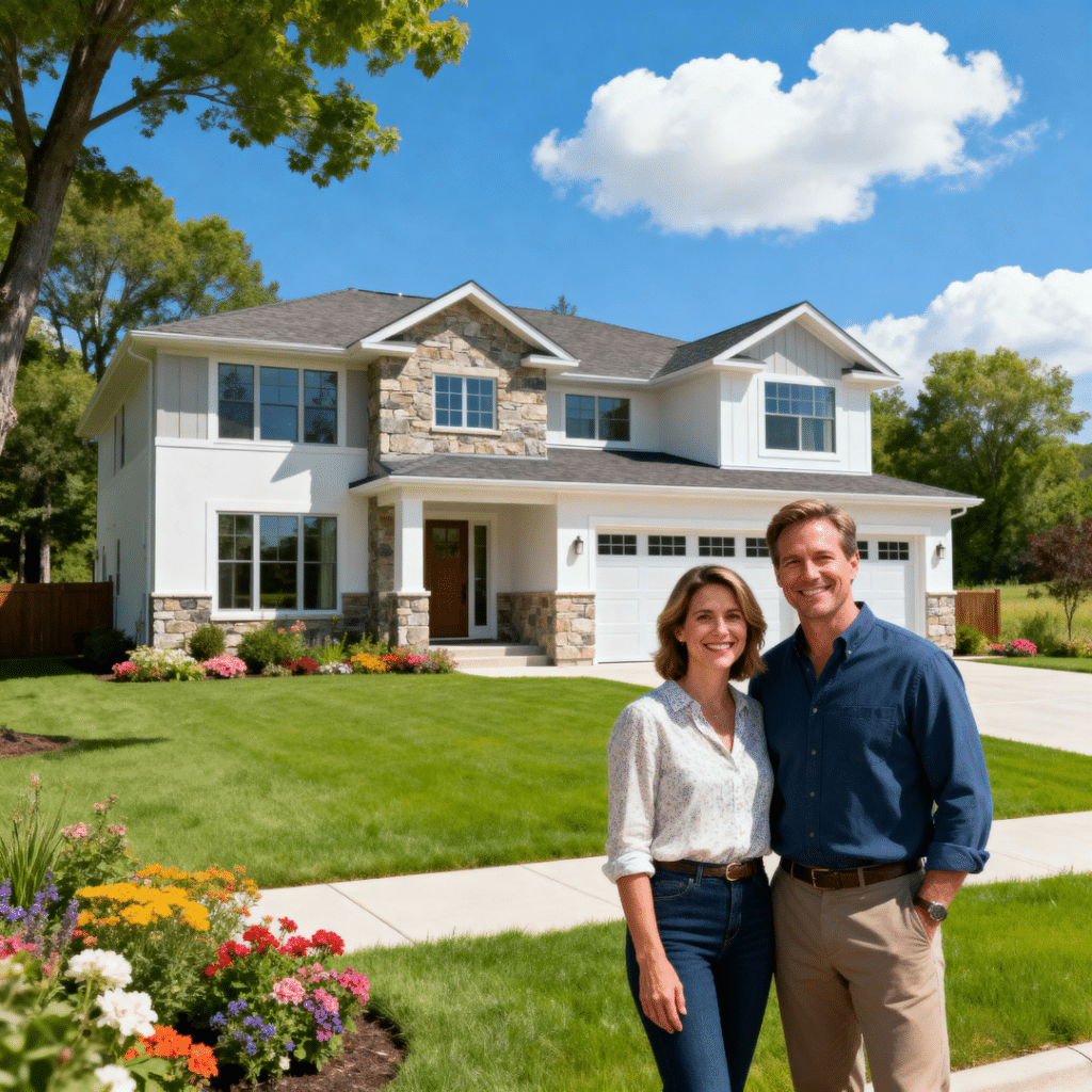 Happy homeowners standing in front of a sleek modern prefab home with garage in Innisfil, Ontario — built by My Own Cottage and showcasing energy-efficient, contemporary design and Ontario craftsmanship.